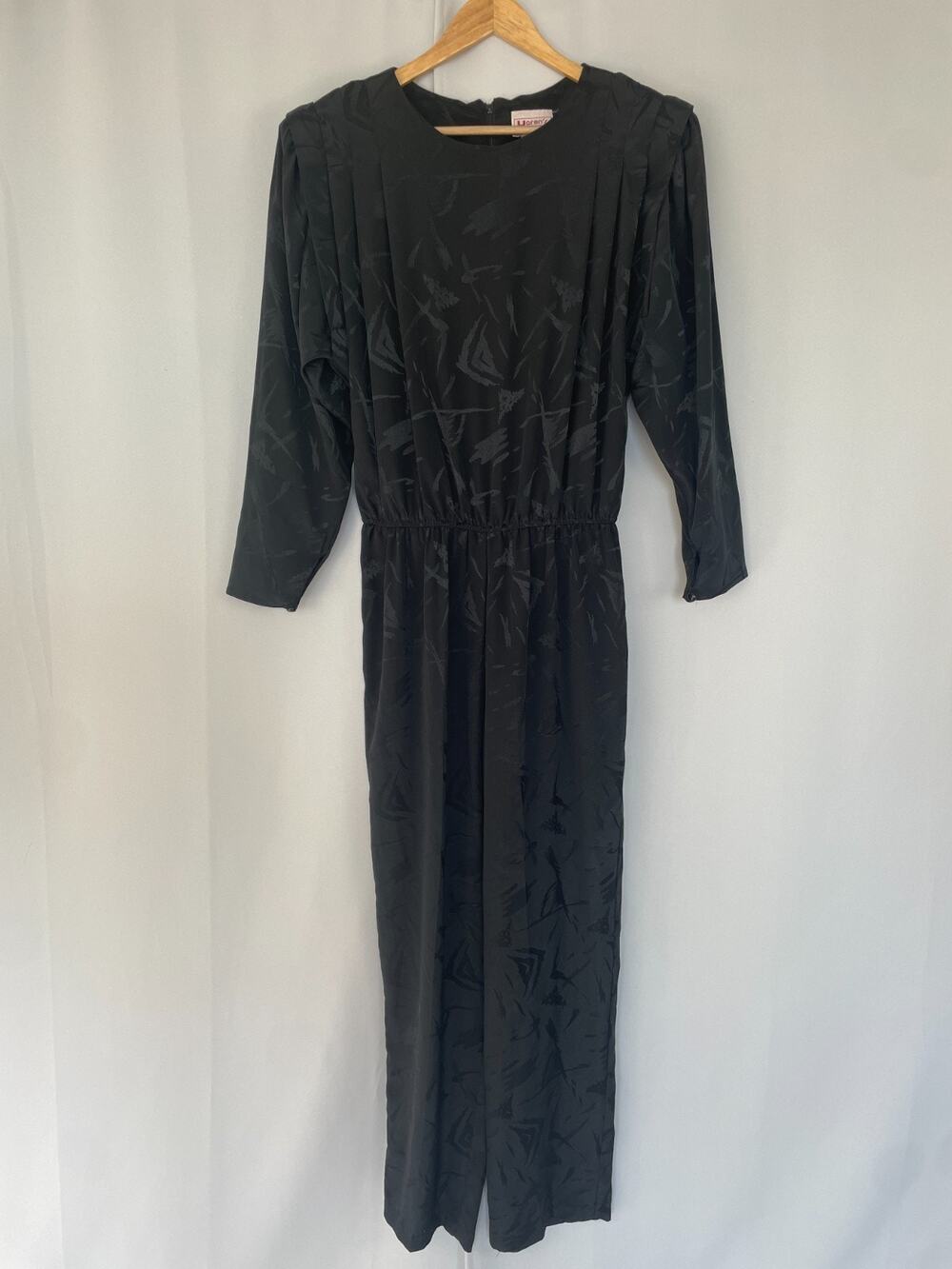 Vintage Jumpsuit Size 12 Black Jacquard Pleated Long Sleeve Minimal 80s Retro